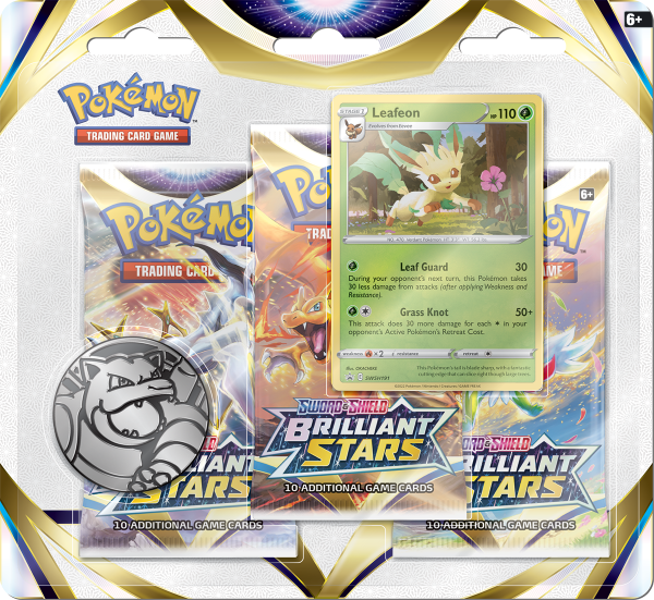 PKM SWSH09 - Brilliant Stars 3er Blister Booster (3 Booster)  ENGLISCH Leafon GRÜN Variante